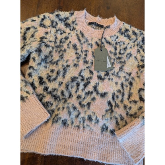 AllSaints Leopard Cropped Aurora Crew Fuzzy Pale Pink Sweater XS NEW Chic Rock - Picture 3 of 10
